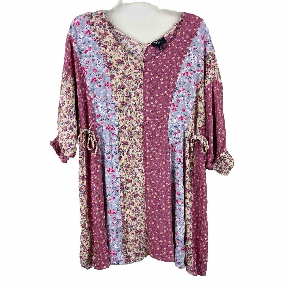 Gigio Mixed Print Patchwork Dress Cinched Smocked Womens Sz S Boho Chic Eclectic